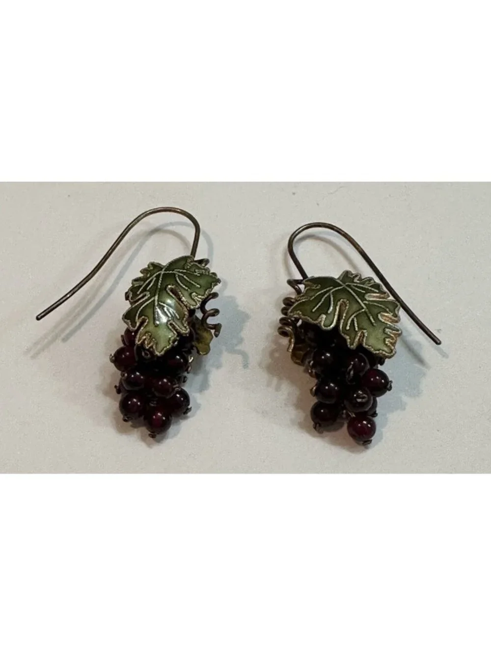 Bohemian Garnet Bead Grape Cluster Guilloche Enamel Brass Leaf Earrings